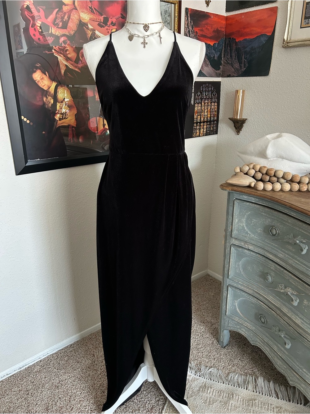 90s Whimsigoth Velvet Maxi Dress Size M Black Slit Wedding Guest Black Tie Event
